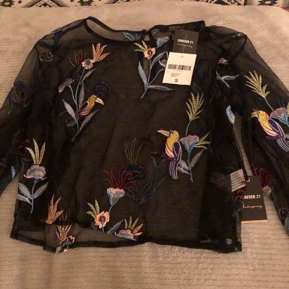 NWT Forever 21 Mesh Black Bird Embroidered Top S - Picture 2 of 6
